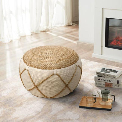 Canvello Home Santorini Cotton & Jute Pouf, Natural & Ivory - Canvello