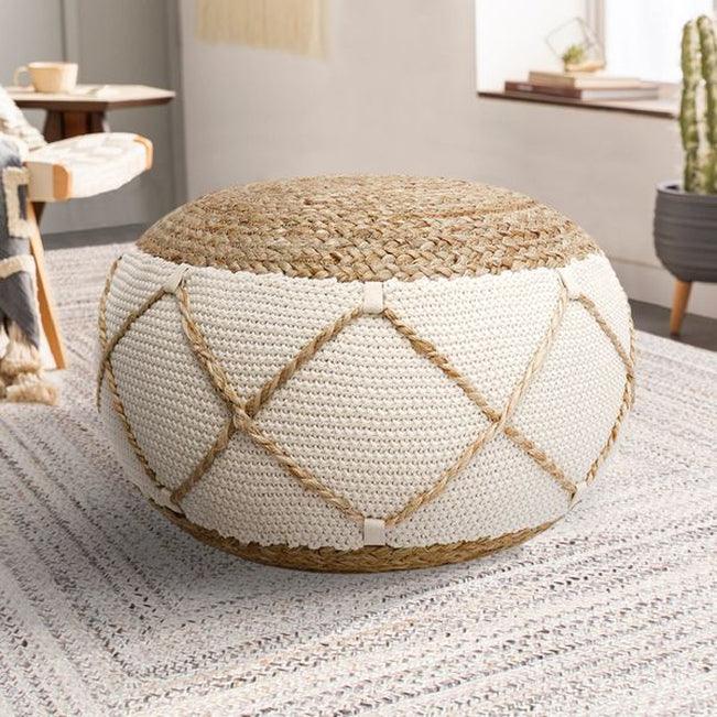 Canvello Home Santorini Cotton & Jute Pouf, Natural & Ivory - Canvello