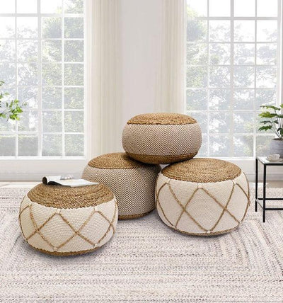 Canvello Home Santorini Cotton & Jute Pouf, Natural/Ivory - Canvello