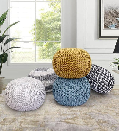 Canvello Home Santorini Cotton Pouf, Ivory & Grey - Canvello