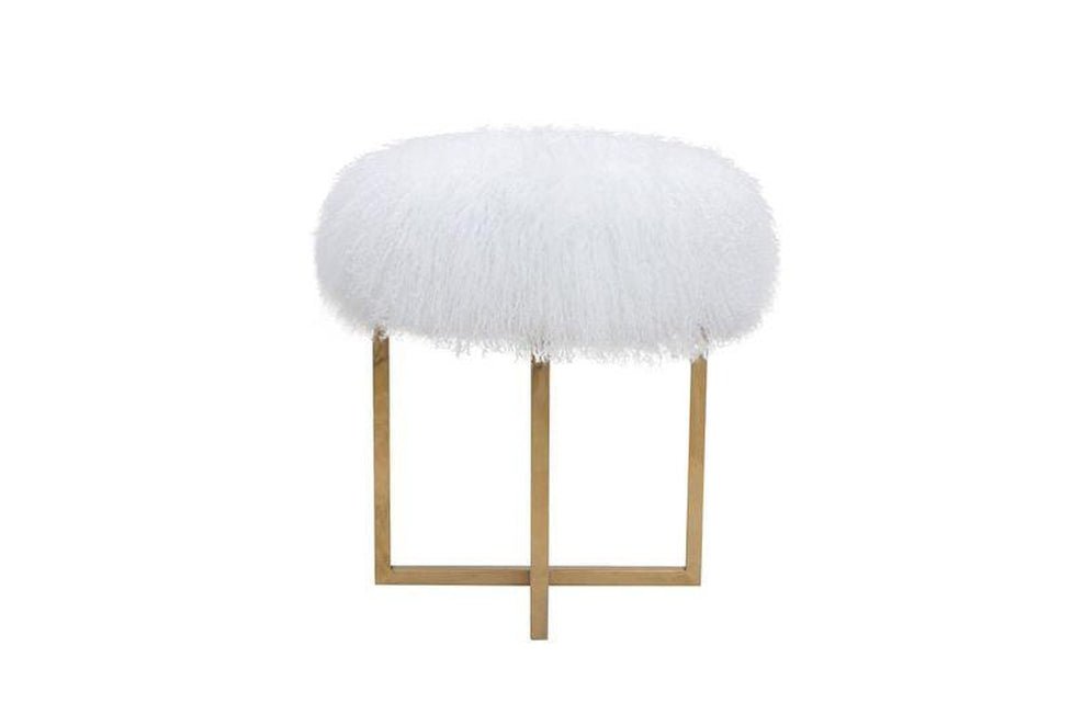 Canvello Home Sorrento Collection Mongolian Fur White & Gold Ottoman - Canvello