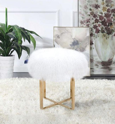 Canvello Home Sorrento Collection Mongolian Fur White & Gold Ottoman - Canvello