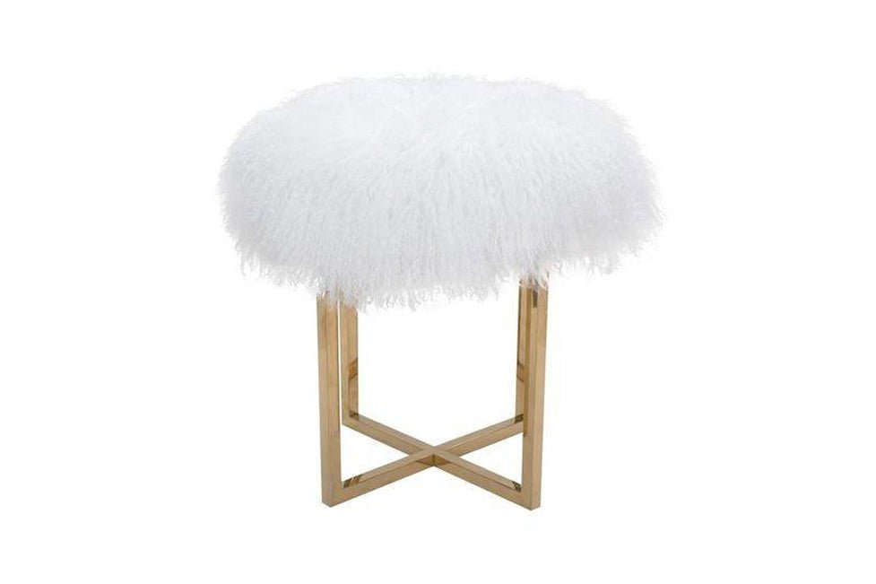 Canvello Home Sorrento Collection Mongolian Fur White & Gold Ottoman - Canvello