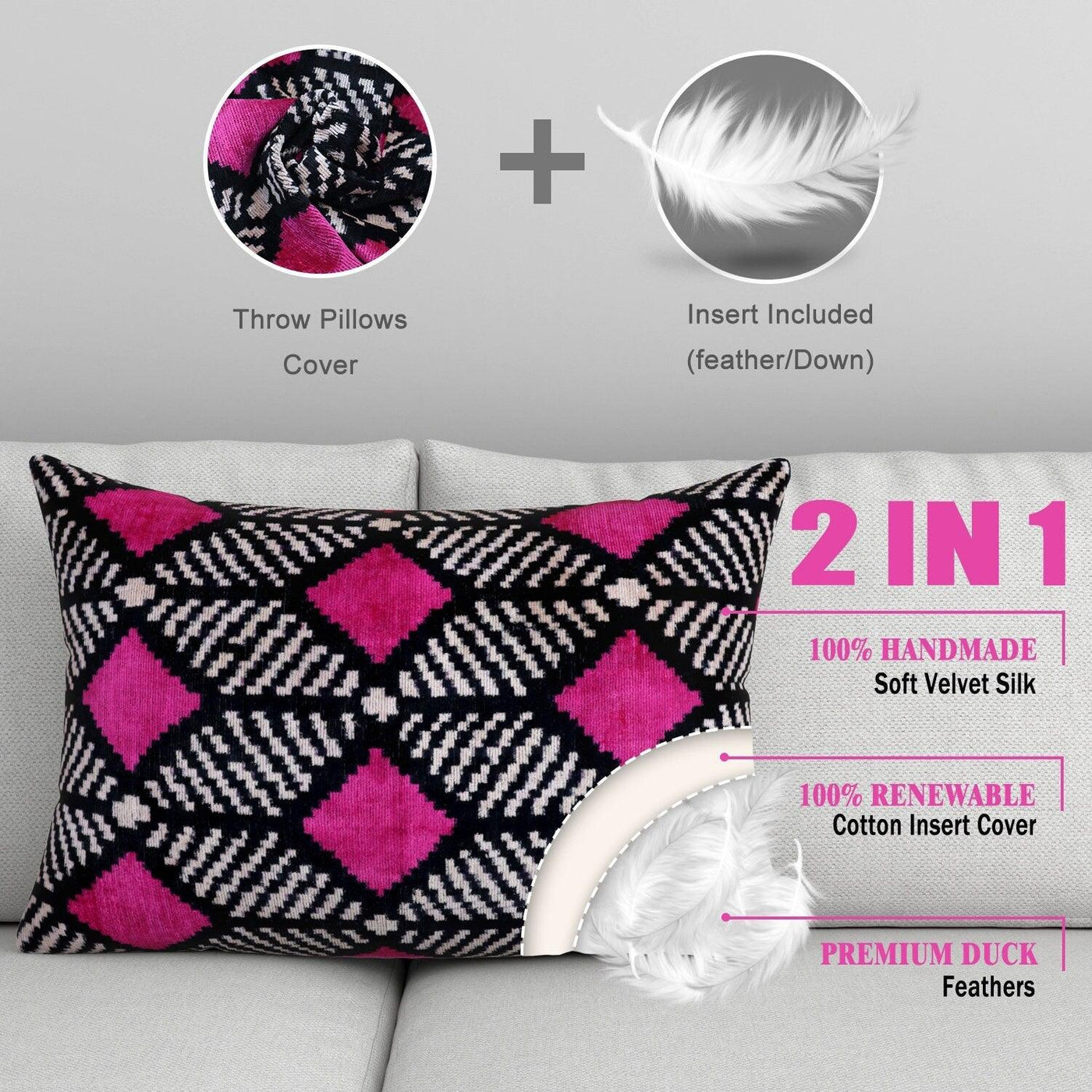 Canvello Hot Pink Throw Pillows For Couch Down Filled - 16x24 in - Canvello