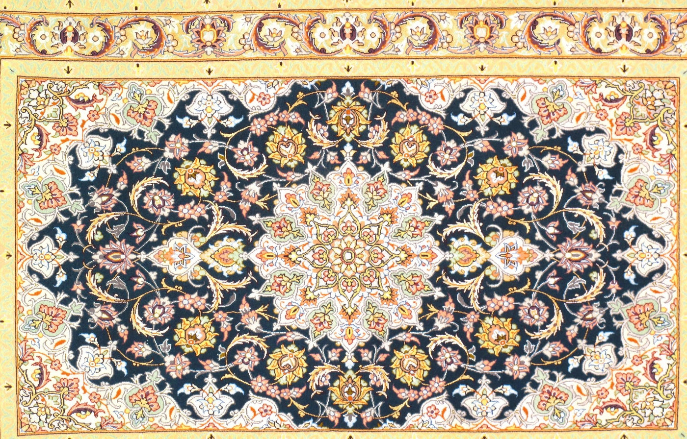 Canvello Isfahan Silk Navy Blue And Gold Rugs - 3' X 4' - Canvello