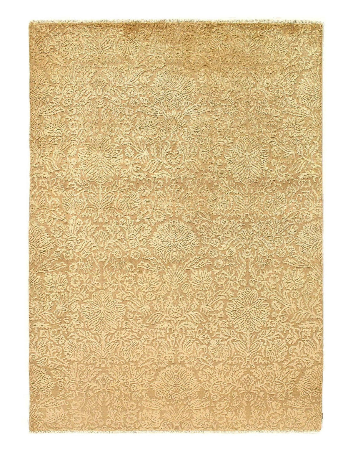 Canvello 象牙色精細手工打結絲綢和羊毛現代地毯 - 5'9'' X 7'11''