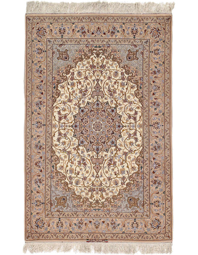 Ivory Persian Isfahan silk & wool Rug - 3'8" X 5'9"
