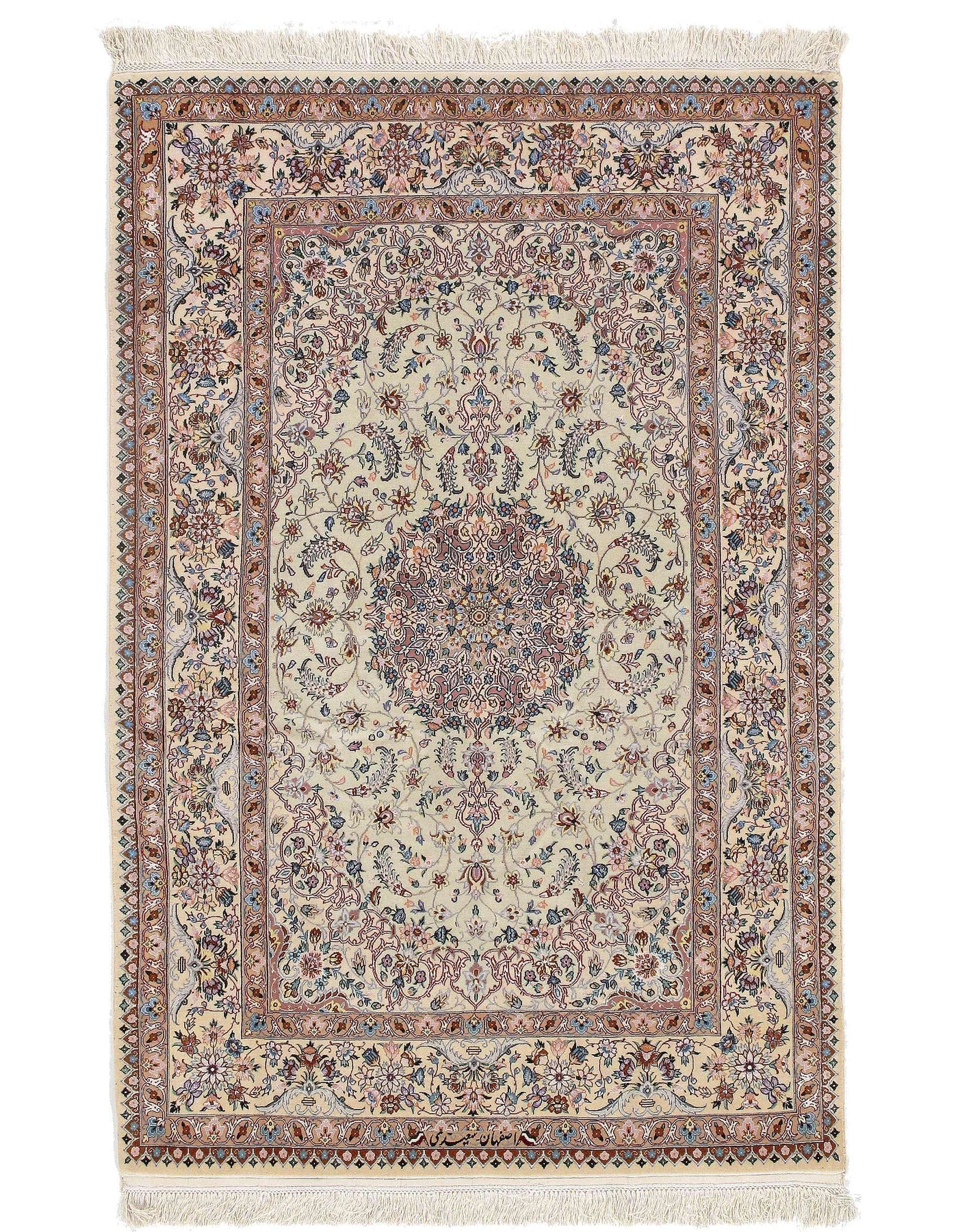 Ivory Persian Isfahan silk & wool Rug - 3'9" X 5'8"