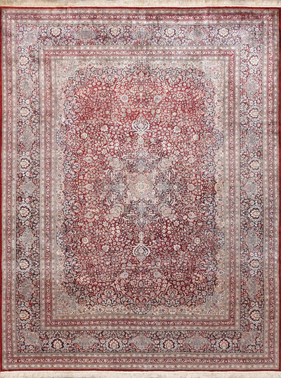 Canvello Kashan Persian Design Hand-Knotted Silk Area Rug- 9'3" X 12'1"
