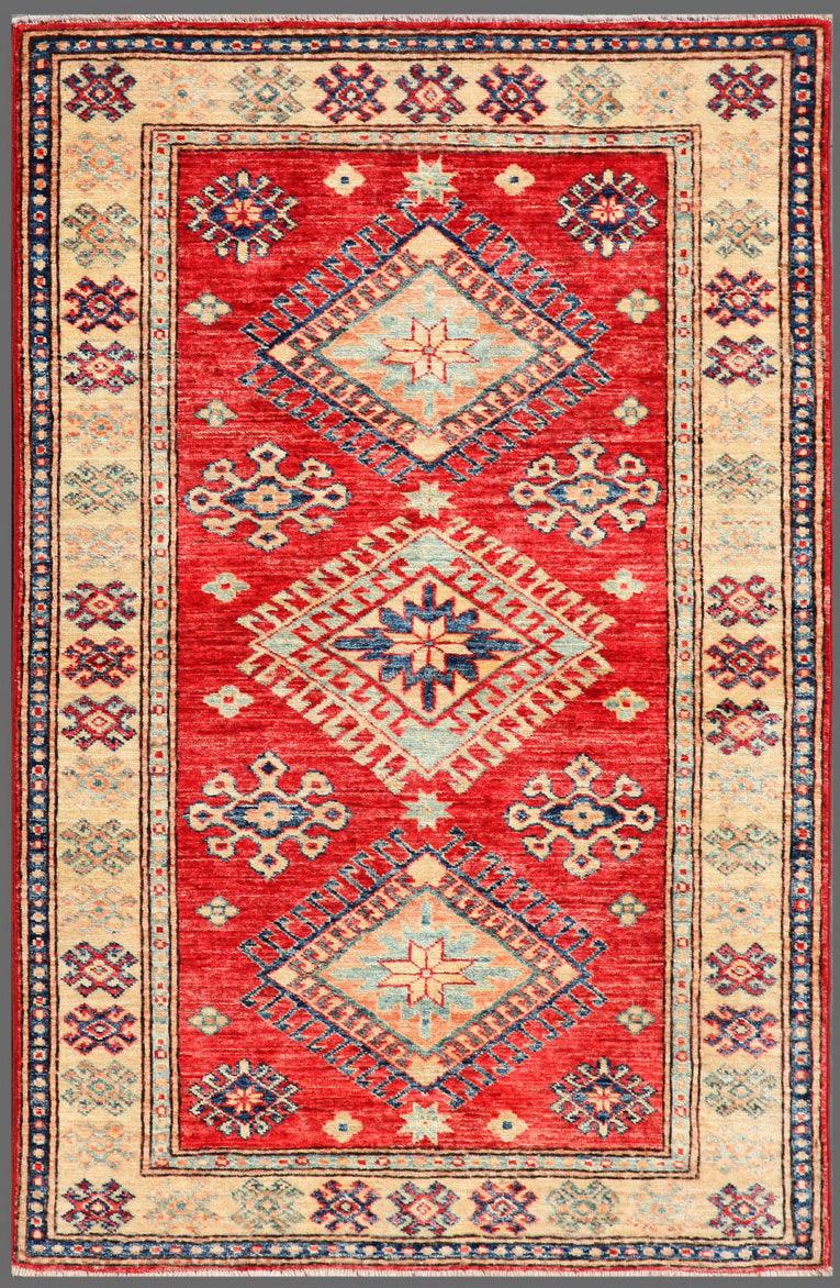 Canvello Kazak Hand-Knotted Lamb's Wool Area Rug- 3'2" X 4'9"