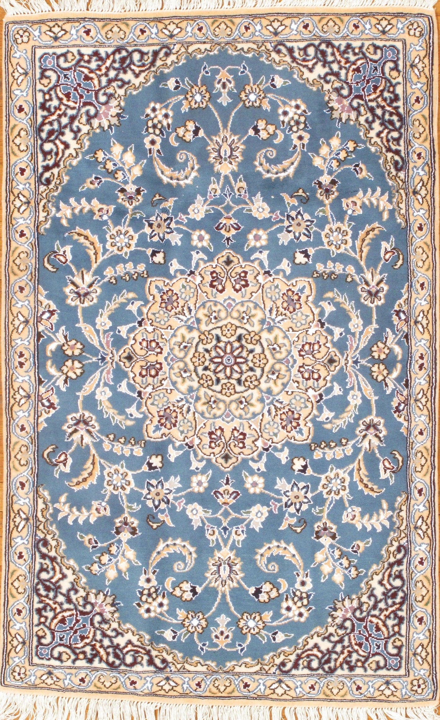 Light Blue Fine Persian Nain Silk & Wool Rug - 3' X 4'7"