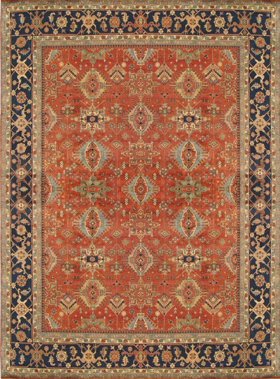 Canvello Mahal Collection Hand - Knotted Rust/Navy Wool Area Rug - 9' X 12' - Canvello