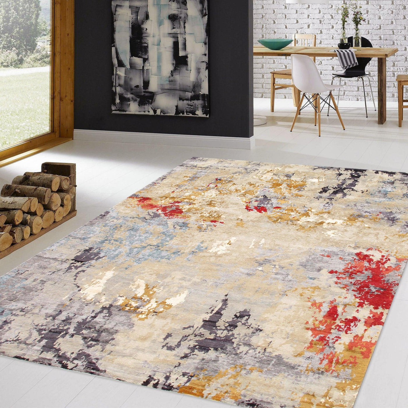 Canvello Modern Collection Hand-Knotted Multi Bsilk & Wool Area Rug- 8' X 9'10"