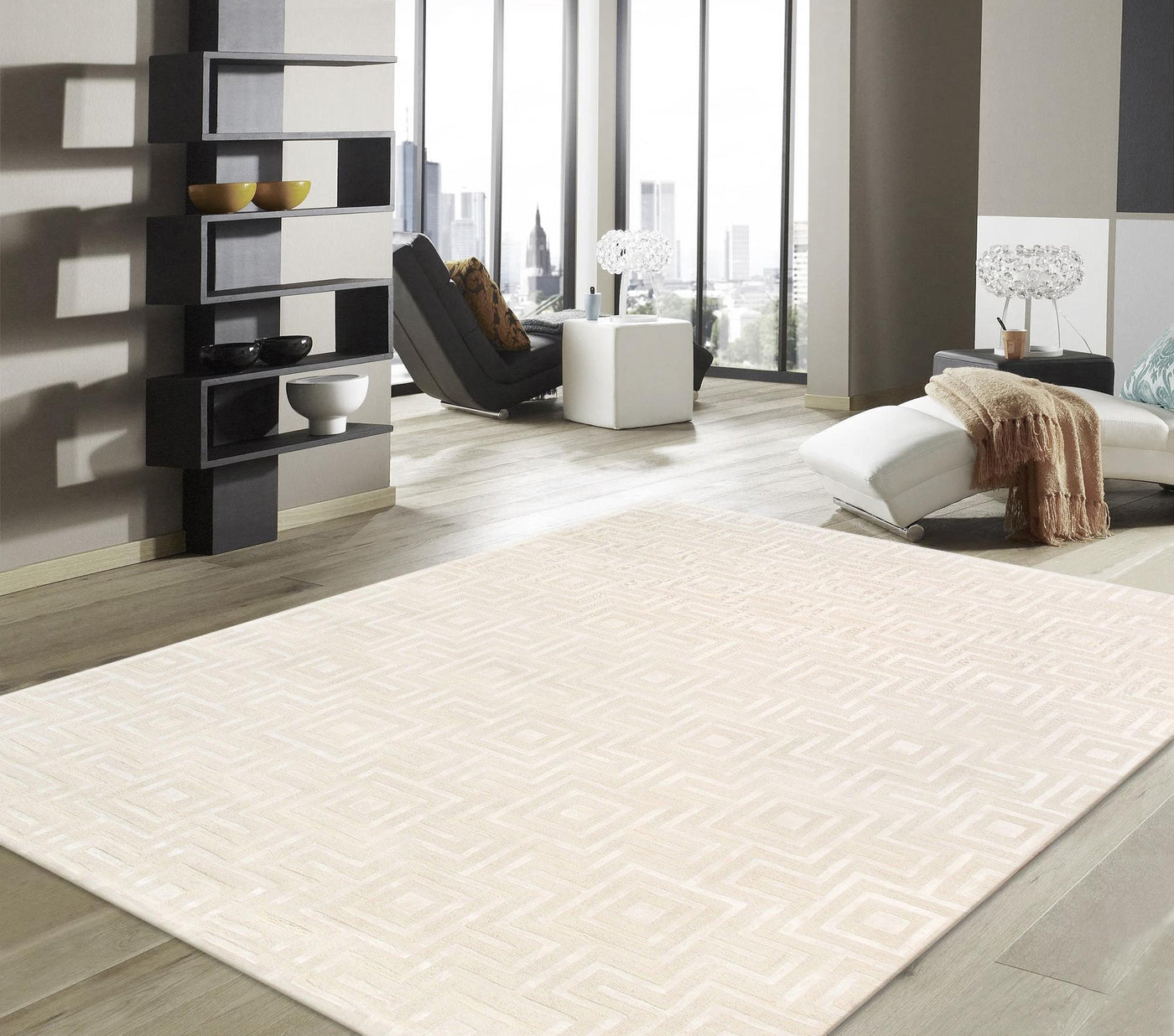 Canvello Modern Collection Hand-Tufted Ivory BSilk & Wool Area Rug- 9'9" X 13'9"