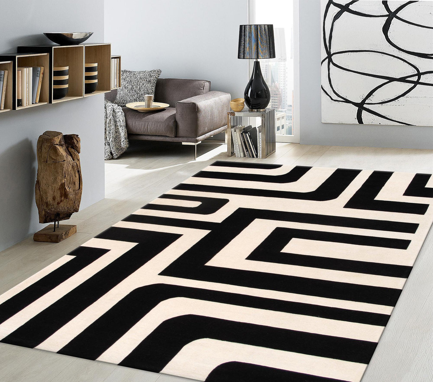 Canvello Modern Hand - Tufted White/Black Bsilk & Wool Area Rug - 5' X 8' - Canvello