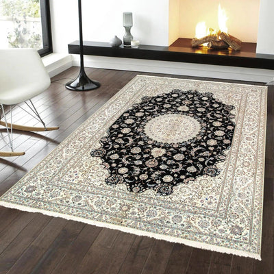 Canvello Nain Silkroad Black And Ivory Area Rug - 8'5" X 11'6" - Canvello