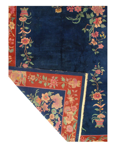 Canvello Navy Blue Chinese Art Deco Flower Rug - 8'5'' X 11'4''