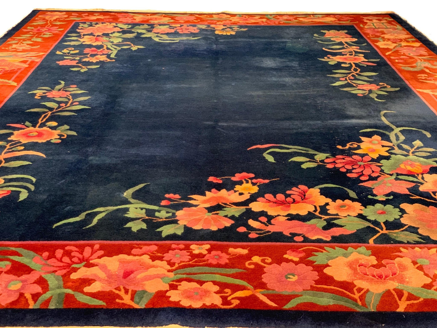 Canvello Navy Blue Chinese Art Deco Flower Rug - 8'5'' X 11'4'' - Canvello