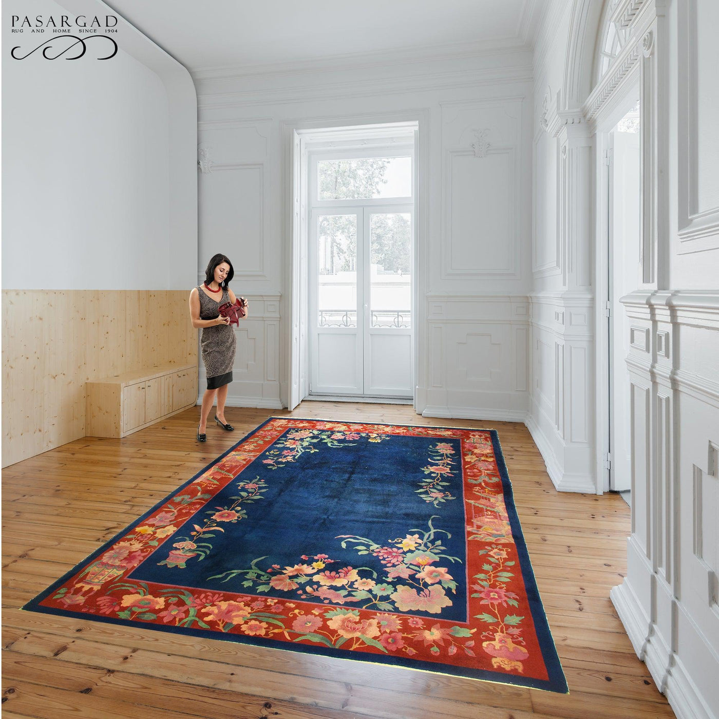 Canvello Navy Blue Chinese Art Deco Flower Rug - 8'5'' X 11'4'' - Canvello