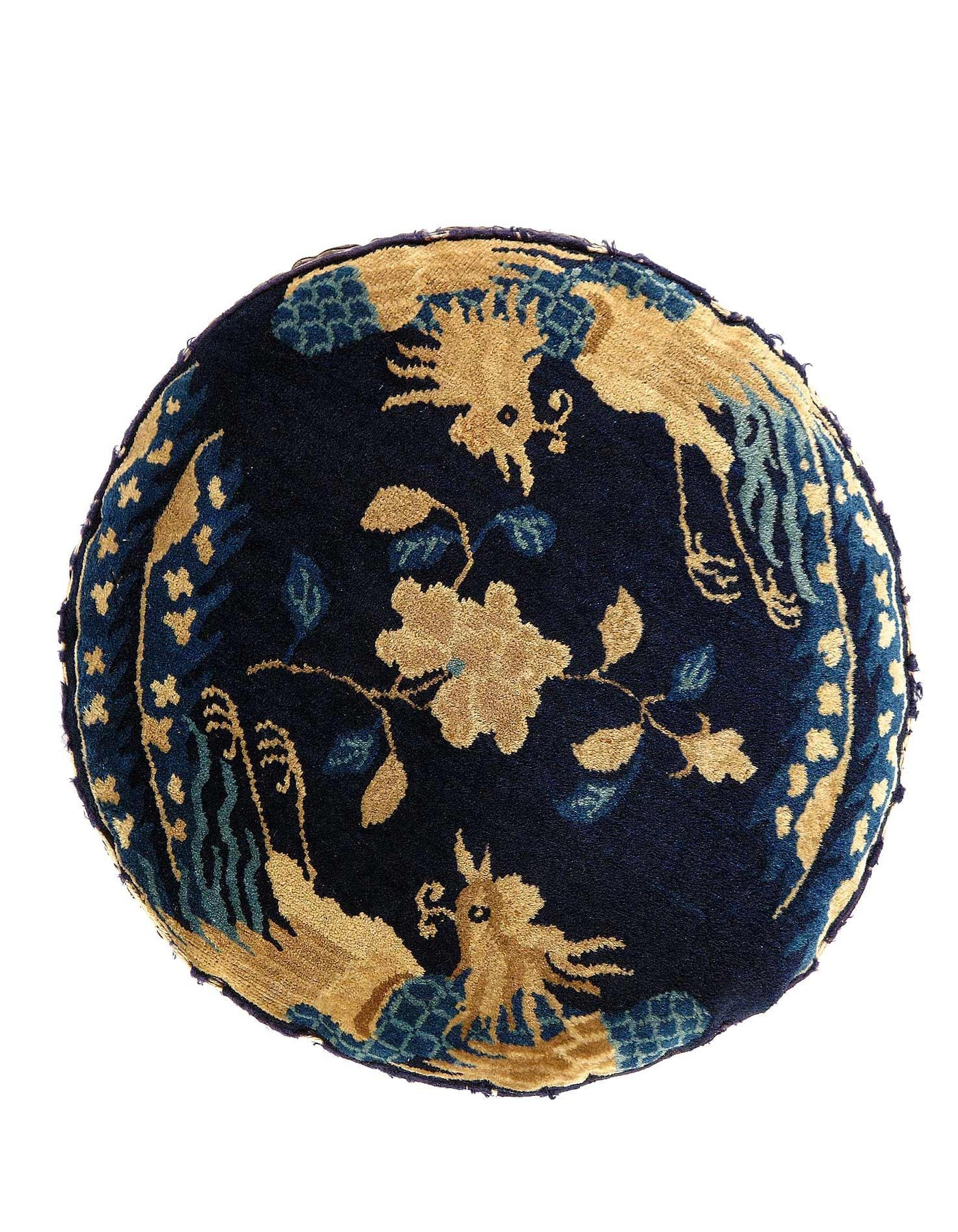 Canvello Navy Blue Chinese Art Deco Pouf - 1'11'' X 1'11''