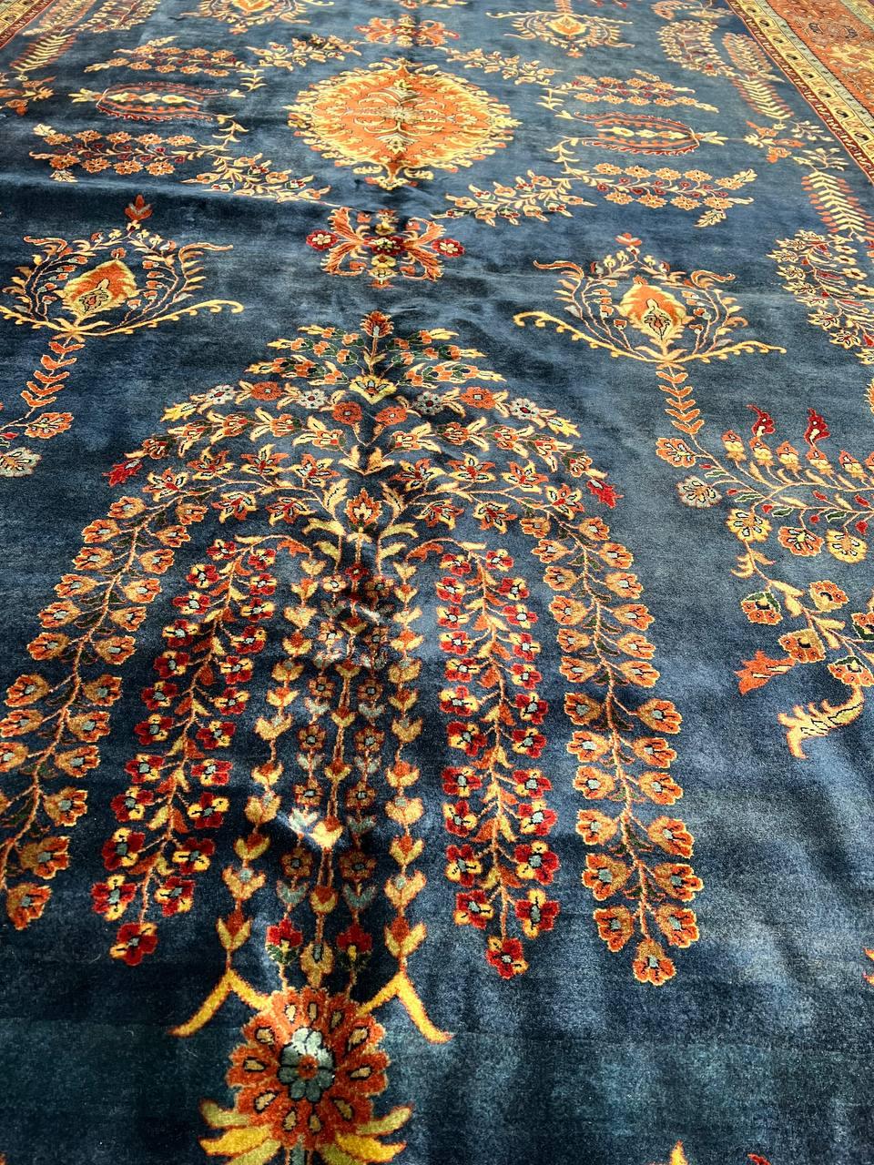 Canvello Navy Blue Fine Hand Knotted Sarouk Mohajran Design - 10' X 17' - Canvello