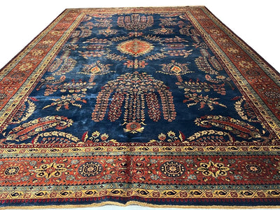 Canvello Navy Blue Fine Hand Knotted Sarouk Mohajran Design - 10' X 17' - Canvello