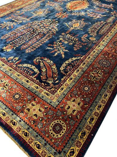 Canvello Navy Blue Fine Hand Knotted Sarouk Mohajran Design - 10' X 17' - Canvello