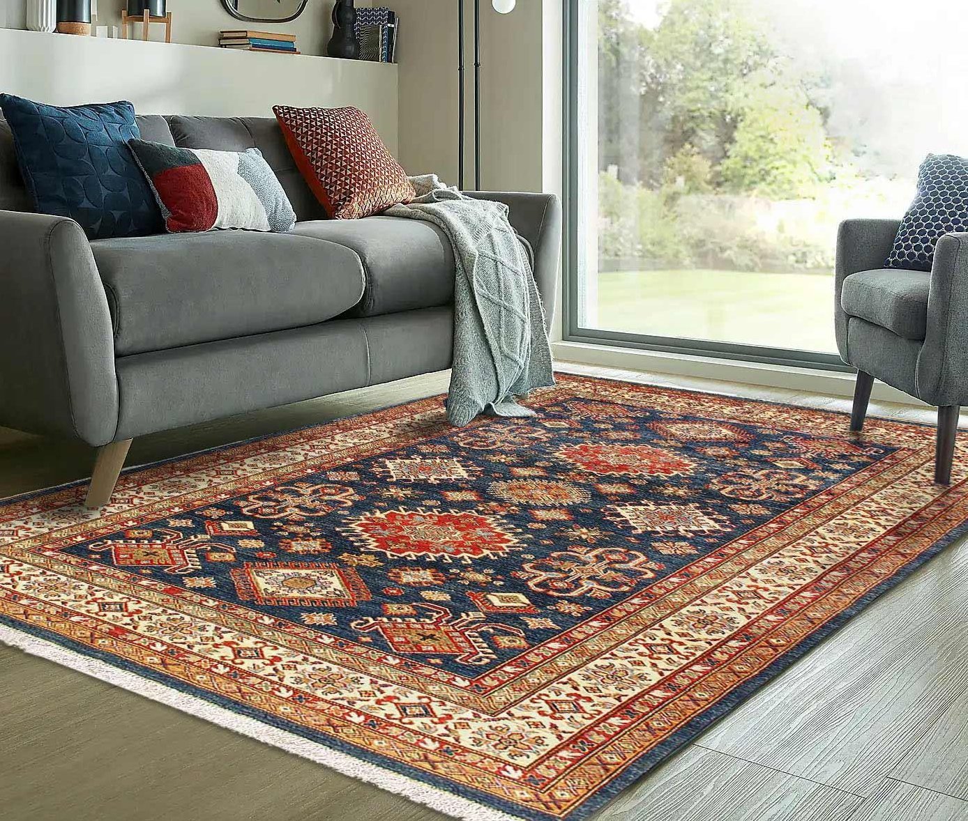 Canvello Navy blue Super Kazak Lamb's Wool rug - 5'5" X 8'6" - Canvello