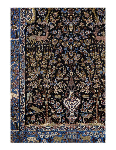 Canvello Navy Isfahan Korker Wool & Silk Rug - 3'7" x 5'6" - Canvello