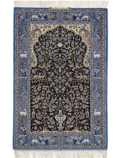 Canvello Navy Isfahan Korker Wool & Silk Rug - 3'7" x 5'6" - Canvello