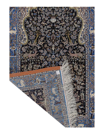 Canvello Navy Isfahan Korker Wool & Silk Rug - 3'7" x 5'6" - Canvello