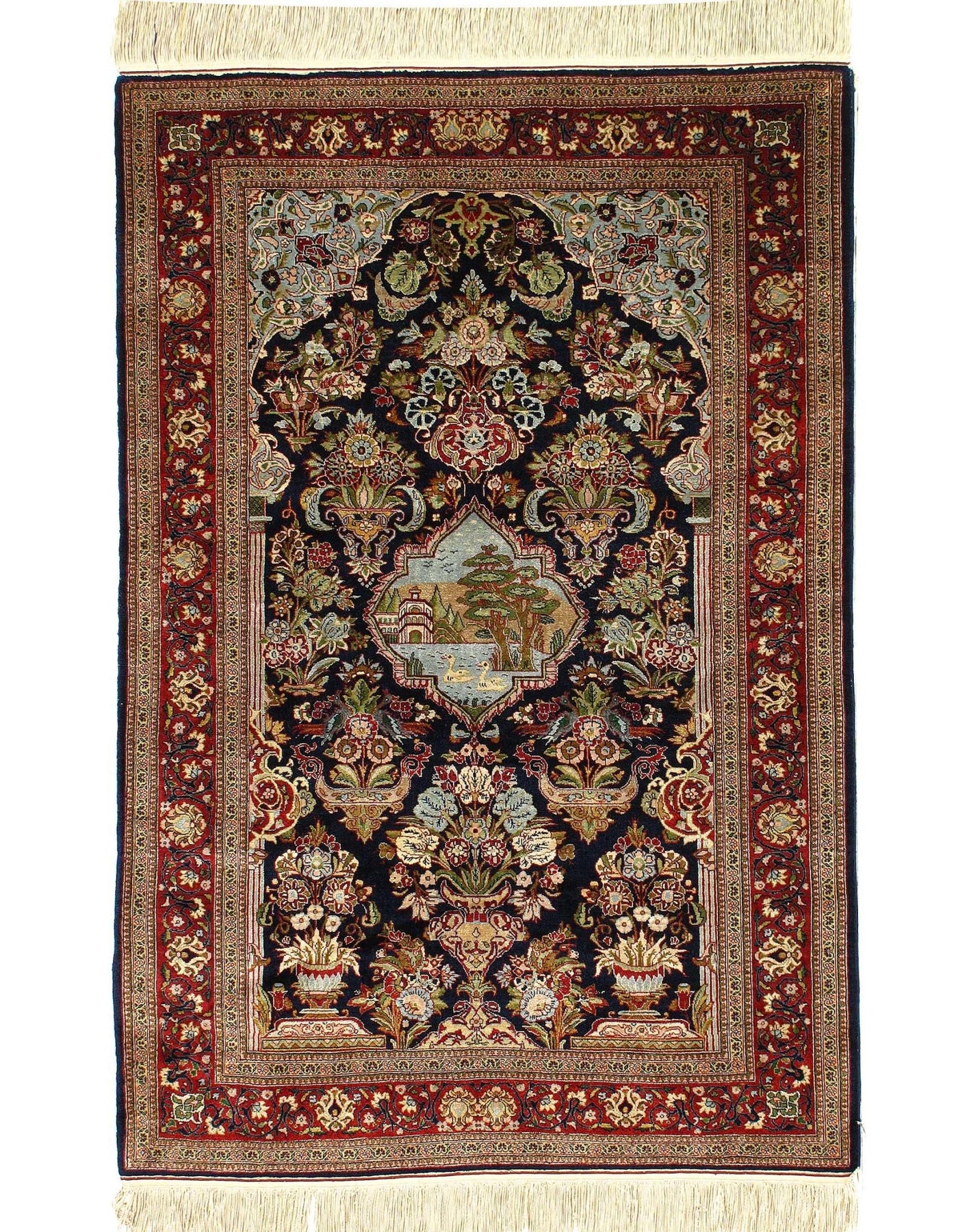 Canvello Navy Silkroad Kashan Oriental Silk Rug - 3'4'' X 5'3'' - Canvello