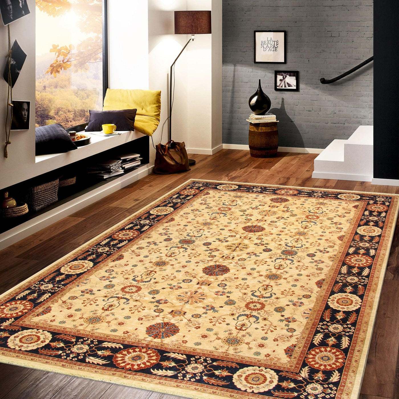 Canvello Nomad Art Sultanabad Hand - Knotted Lamb's Wool Area Rug - 12' X 17'8", Ivory/Navy - Canvello