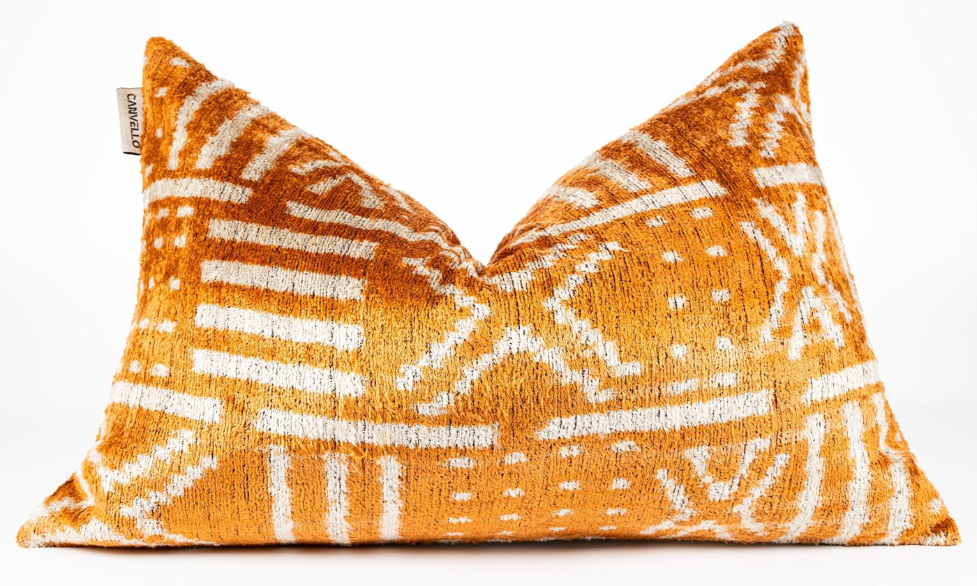 Canvello Organic Handmade Silk Velvet Pillow: 16x24 Inches with Premium Down Feather Insert - Luxury Copper Orange Geometric Floral Pattern - Canvello