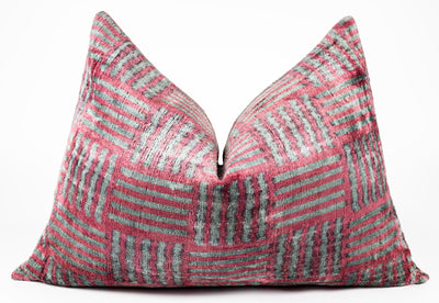 Canvello Organic Handmade Silk Velvet Pillow: 16x24 Inches with Premium Down Feather Insert - Luxury Red Gray Geometric Pattern - Canvello