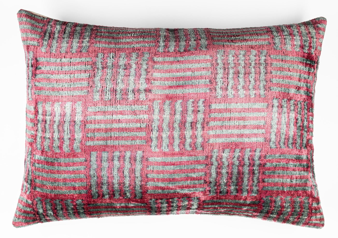 Canvello Organic Handmade Silk Velvet Pillow: 16x24 Inches with Premium Down Feather Insert - Luxury Red Gray Geometric Pattern - Canvello