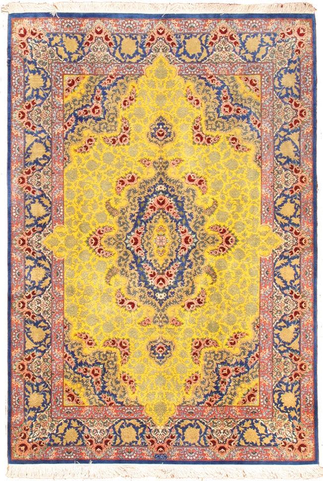 Canvello Qum Hand-Knotted Silk Area Yellow Rug - 4'4" X 6'4"