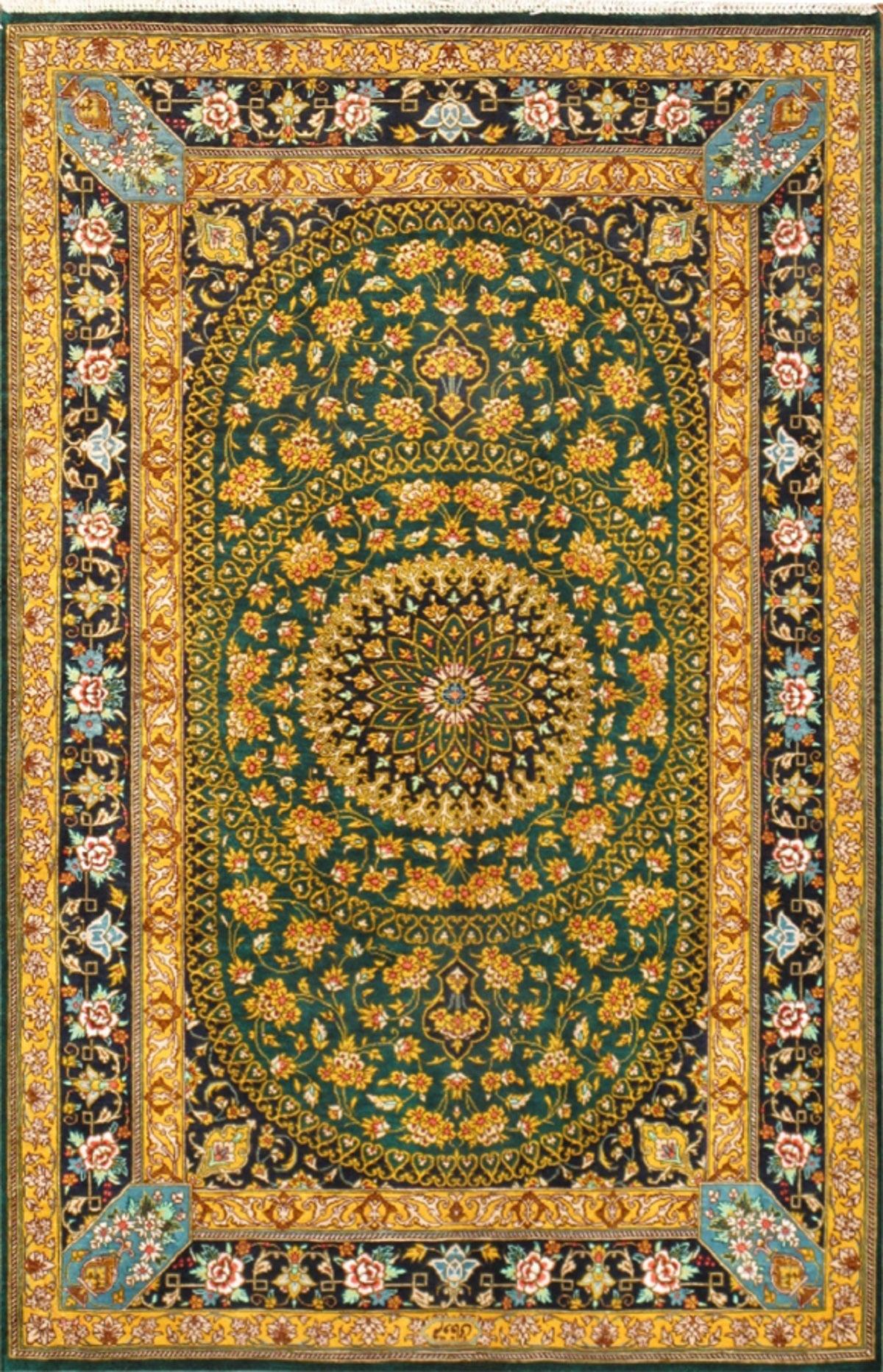 Canvello Qum Silk Area Green Silkroad Rug - 2'6" X 4' - Canvello