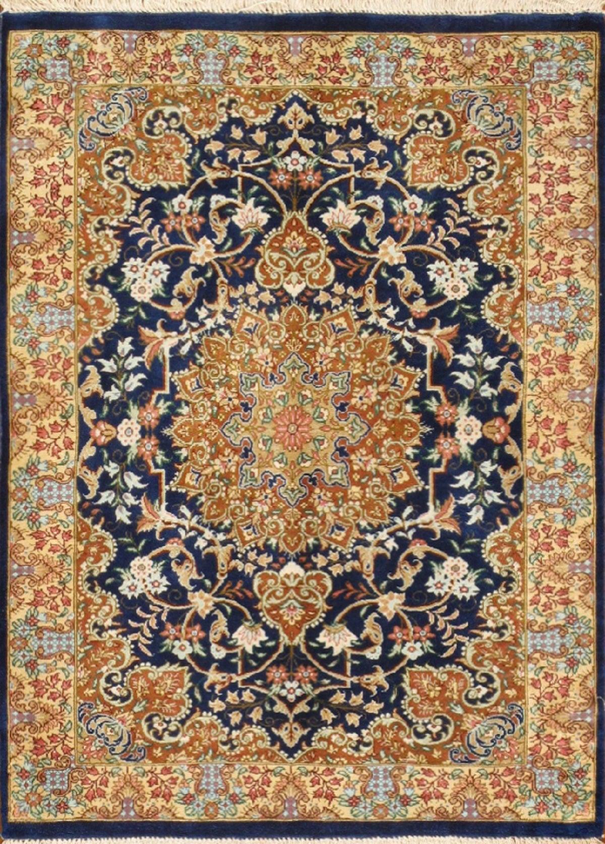 Canvello Qum Persian Silk Area Blue And Gold Rug - 2' X 2'7"