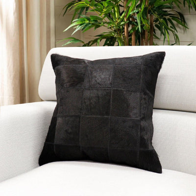Canvello Safari Checkered Black Cowhide 17" Decorative Throw Pillow