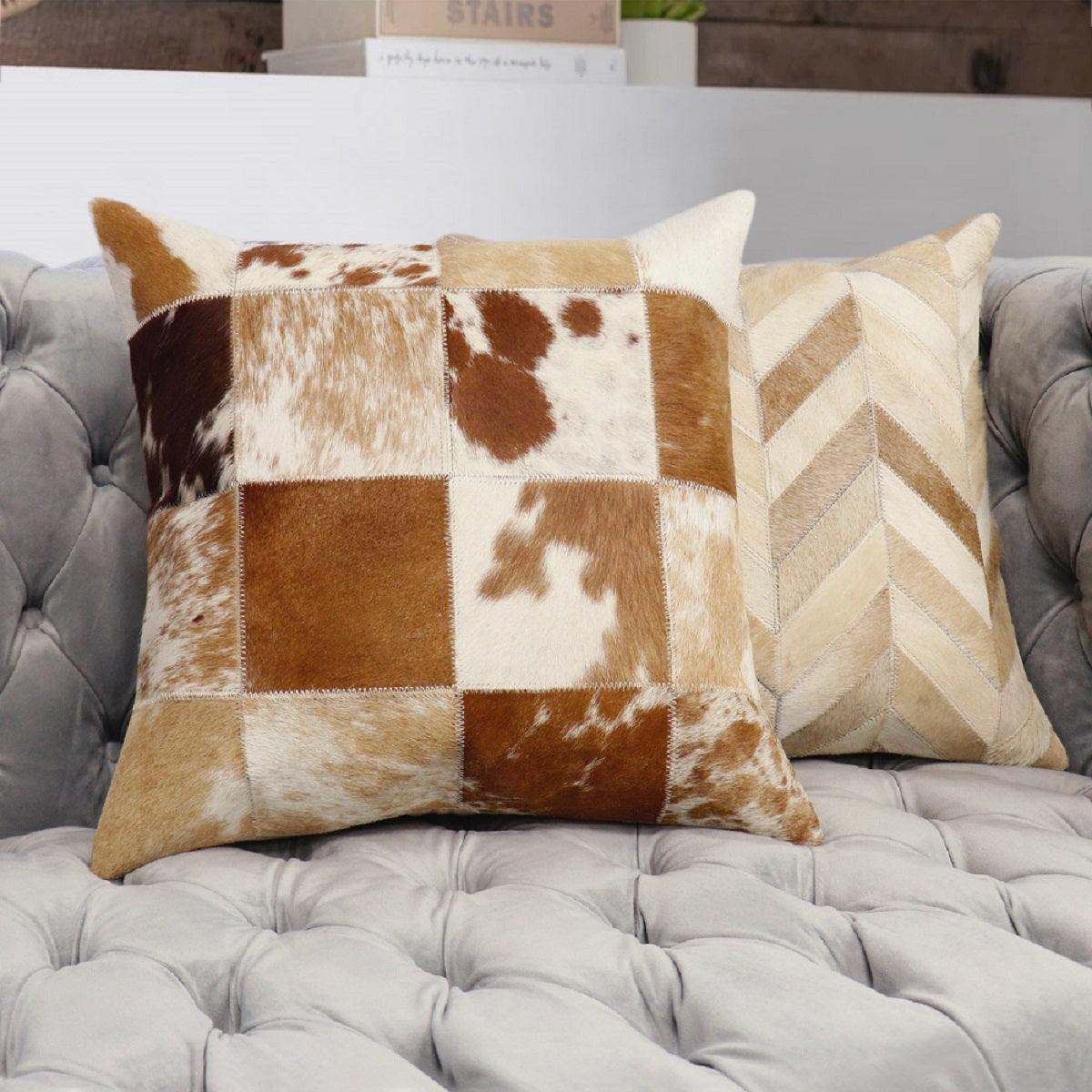 Canvello Safari Checkered Brown Cowhide 17" Decorative Throw Pillow - Canvello