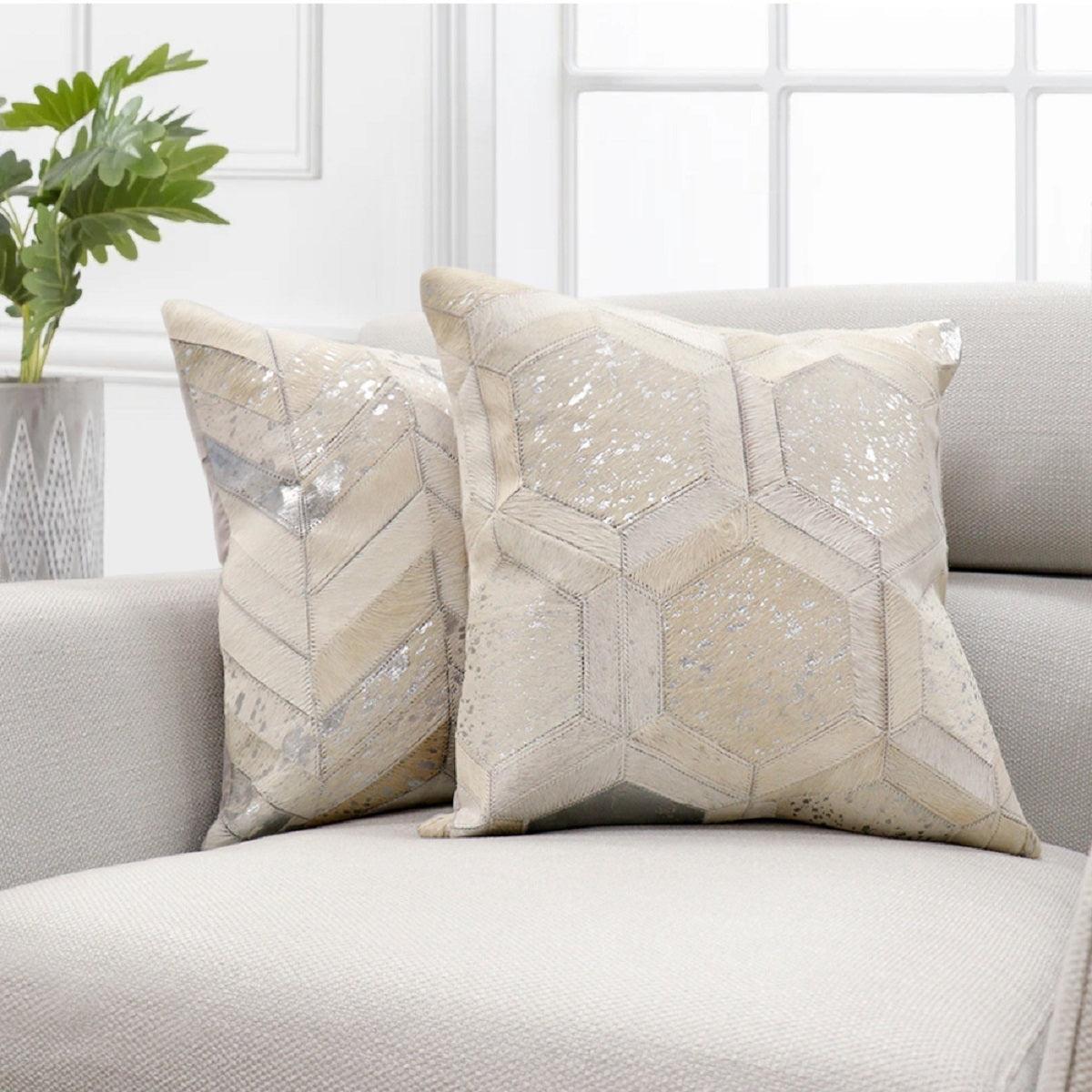 Canvello Safari Geometric Silver Cowhide 17" Decorative Throw Pillow