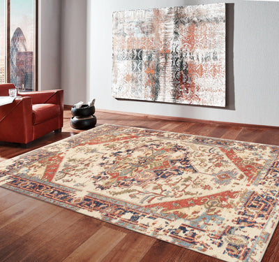 Canvello Serapi Hand - Knotted Ivory/Navy Wool Area Rug - 8' X 8'1" - Canvello