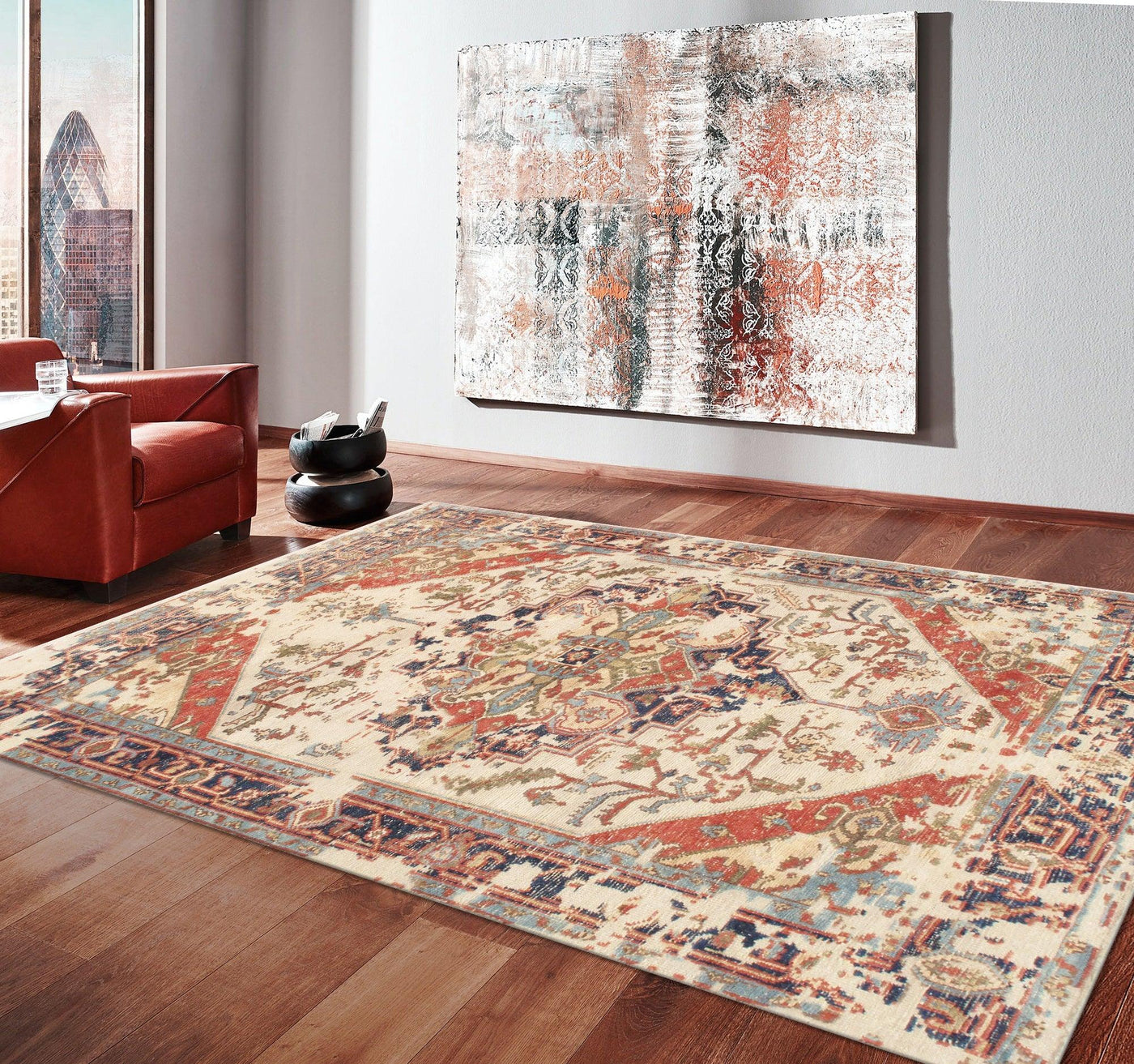 Canvello Serapi Hand - Knotted Ivory/Navy Wool Area Rug - 9'11" X 9'11" - Canvello