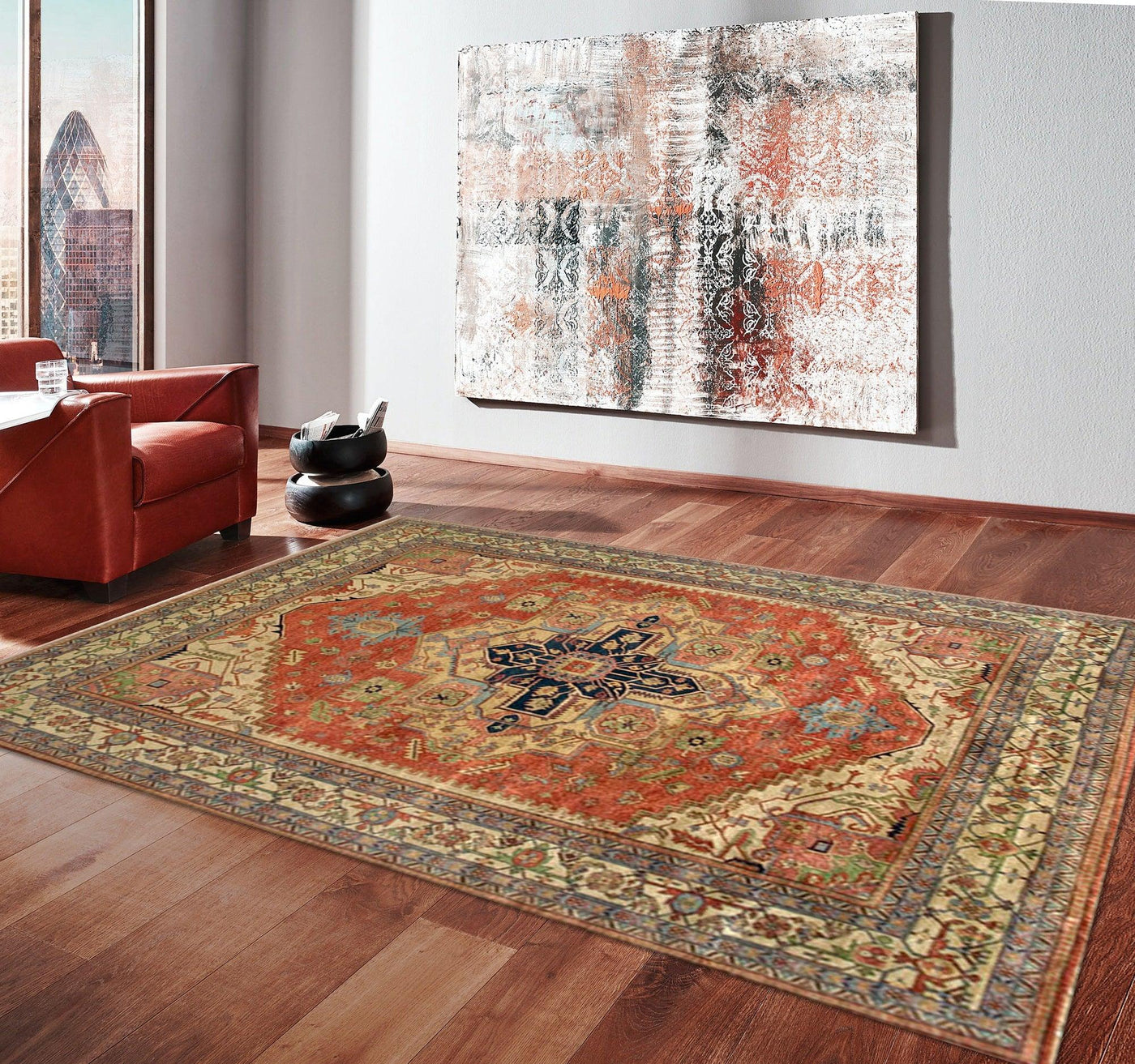 Canvello Serapi Hand-Knotted Rust/Ivory Wool Area Rug- 8'10" X 9'1"