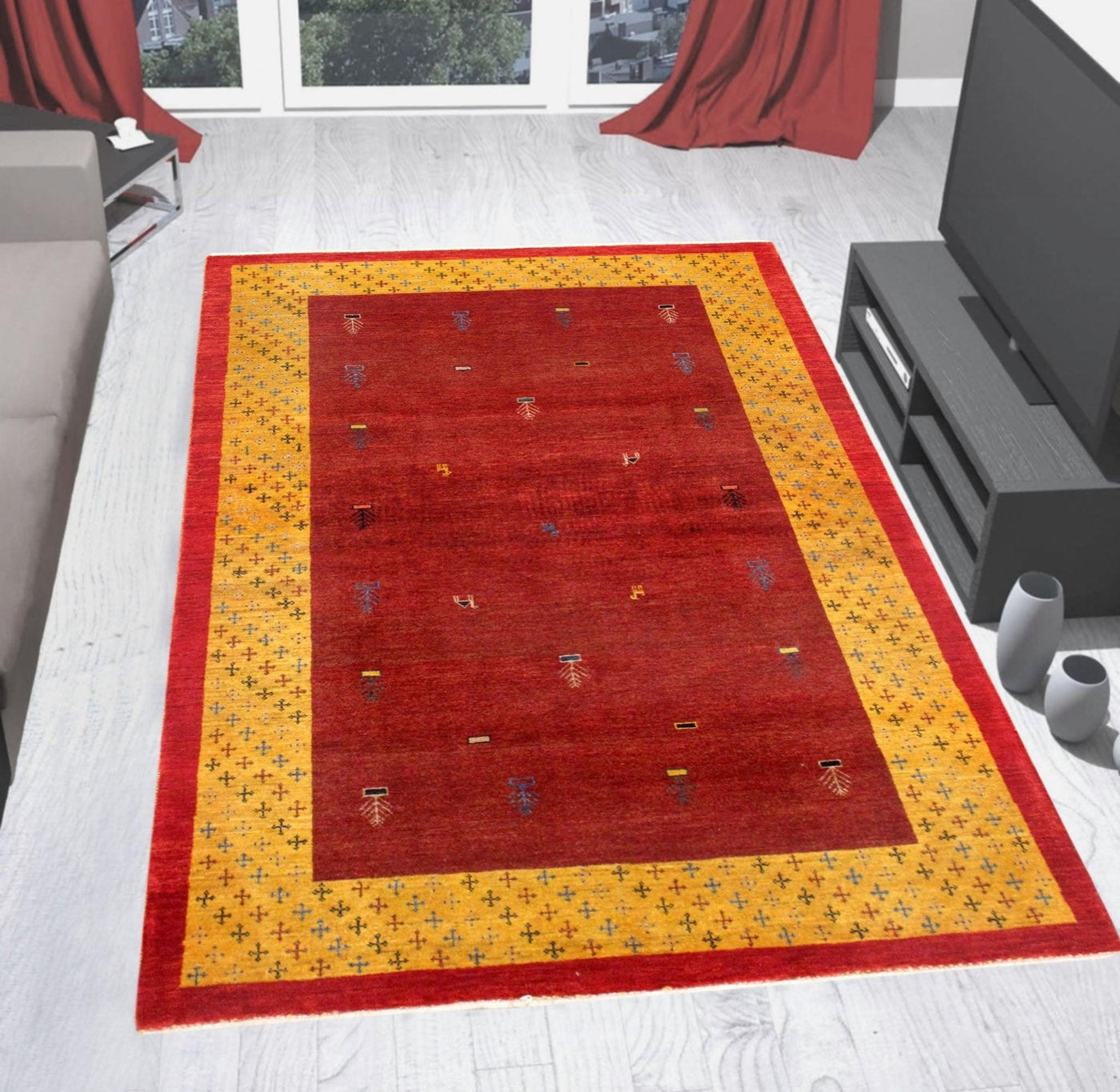 Canvello Silkroad Gabbeh Yellow And Red Rug - 4' X 5'5" - Canvello