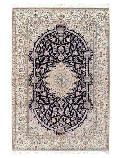 Canvello Silkroad Nain Silk & Wool Dark Blue Rugs - 6 /L 6'5" X 9'6" - Canvello