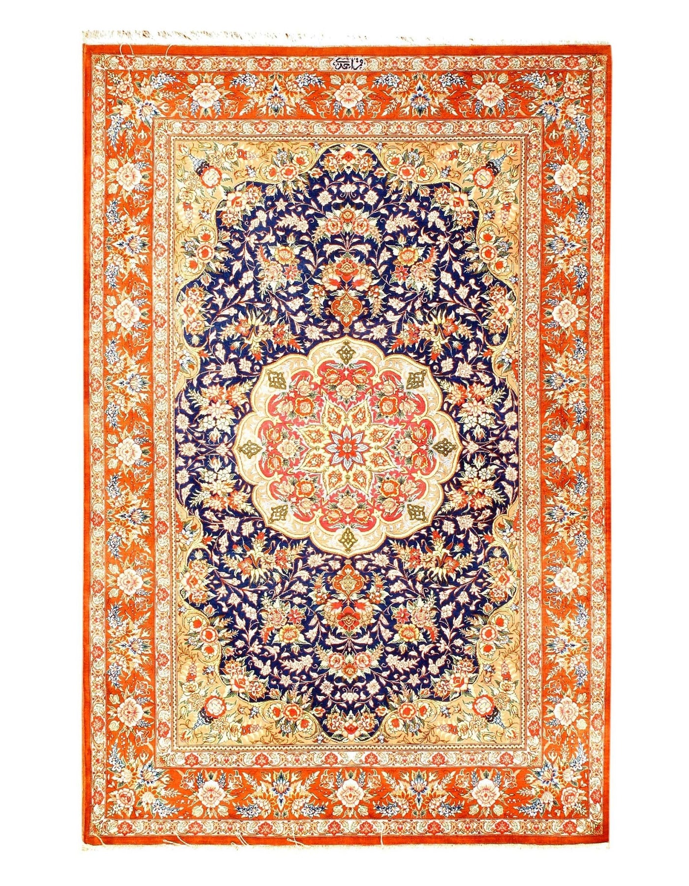 Canvello Silkroad Pure Silk Qum Blue Orange Rug - 3'4'' X 4'11'' - Canvello