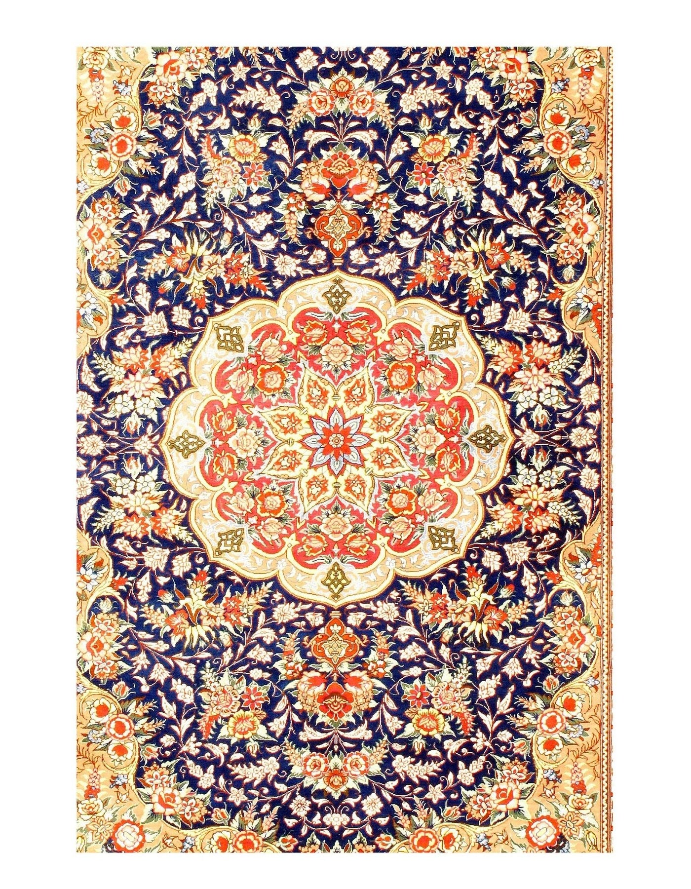 Canvello Silkroad Pure Silk Qum Blue Orange Rug - 3'4'' X 4'11'' - Canvello