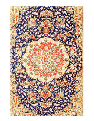 Canvello Silkroad Pure Silk Qum Blue Orange Rug - 3'4'' X 4'11'' - Canvello